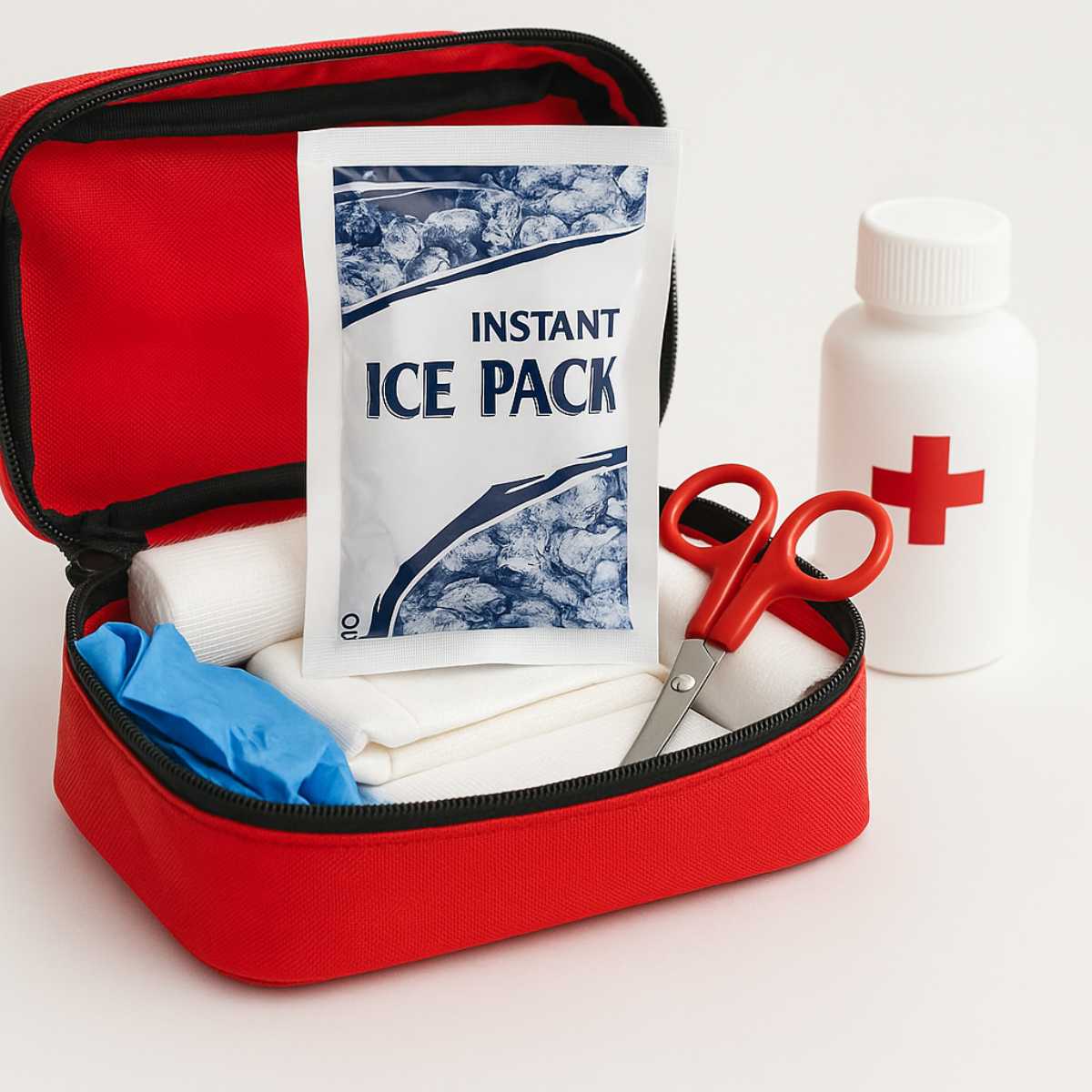 Botiquín de primeros auxilios abierto con compresa de frío instantáneo, gasas, guantes, tijeras y botella de solución, ideal para golpes y emergencias.
