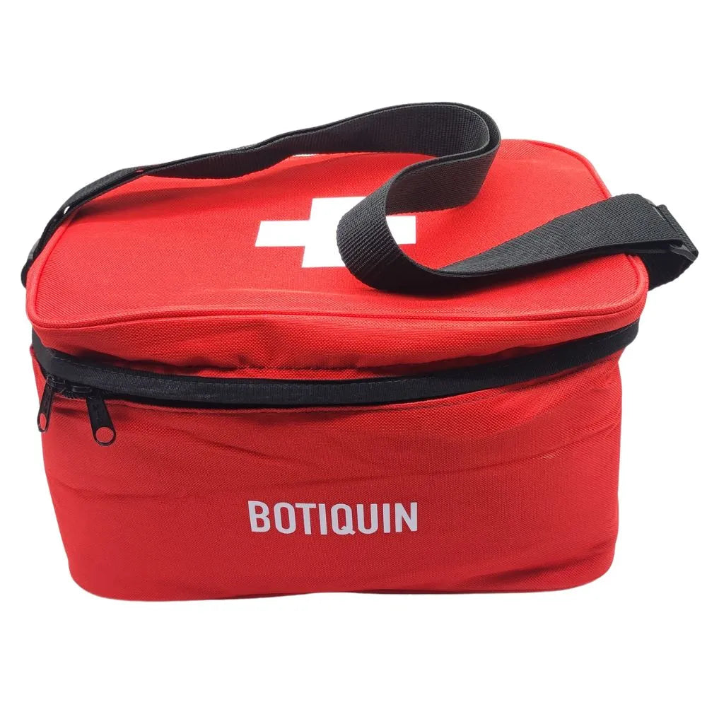 Botiquín Minero Anglo American Los Bronces en bolso rojo portátil, vista frontal