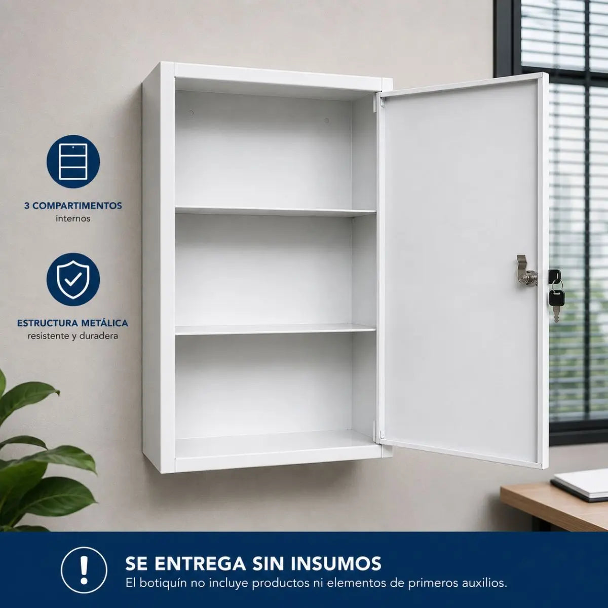 Botiquín metálico de pared grande instalado en muro — gabinete de primeros auxilios en oficina