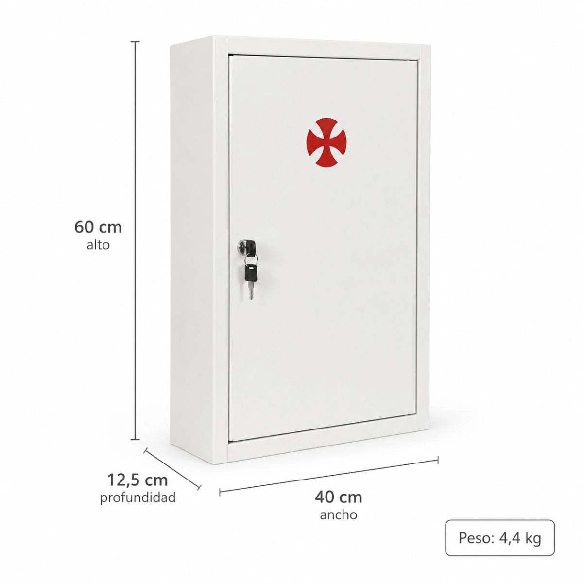 Medidas del botiquín de pared grande — 60 cm alto x 40 cm ancho x 12,5 cm profundidad, 4,4 kg