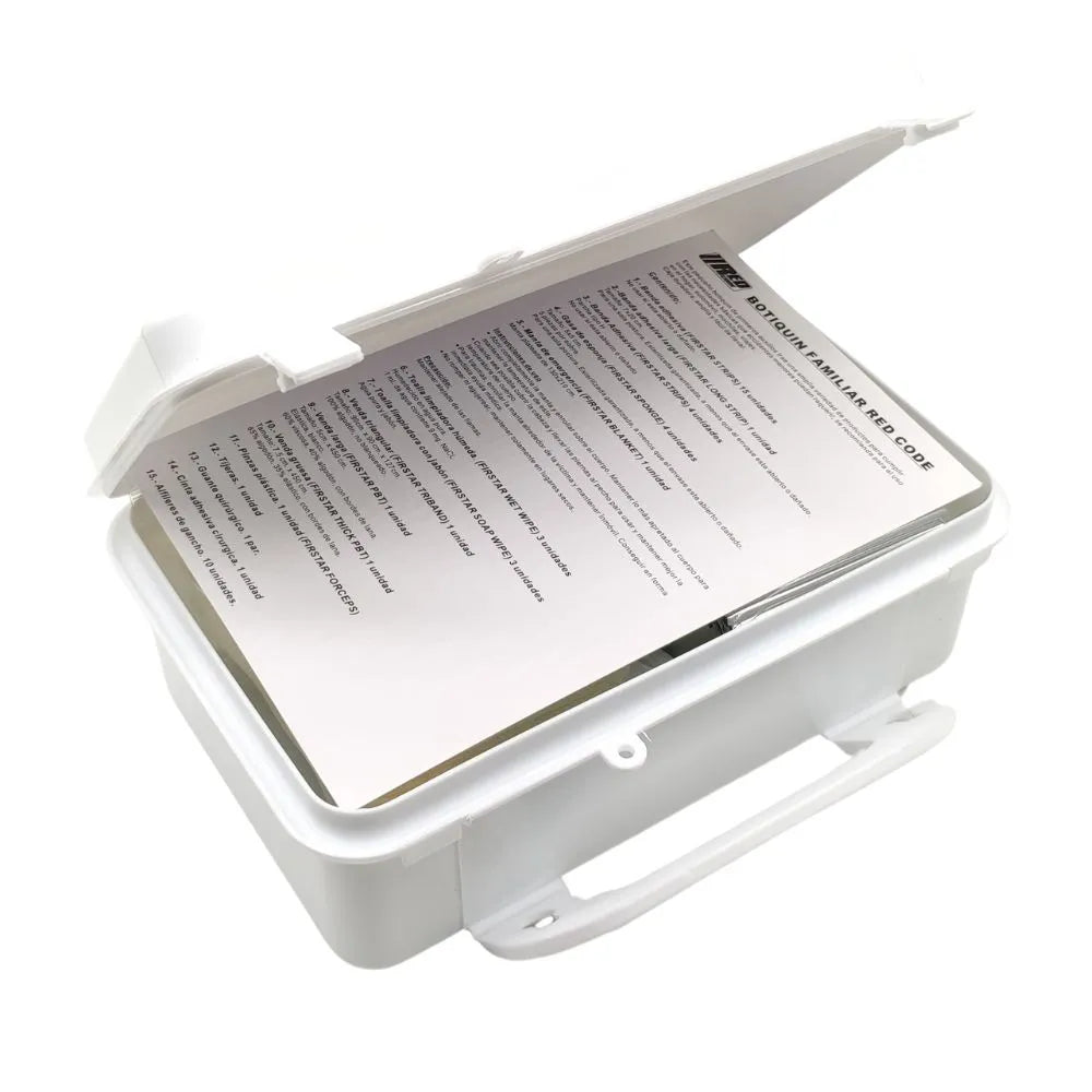 Botiquín Red Code IRP abierto mostrando listado interno de insumos