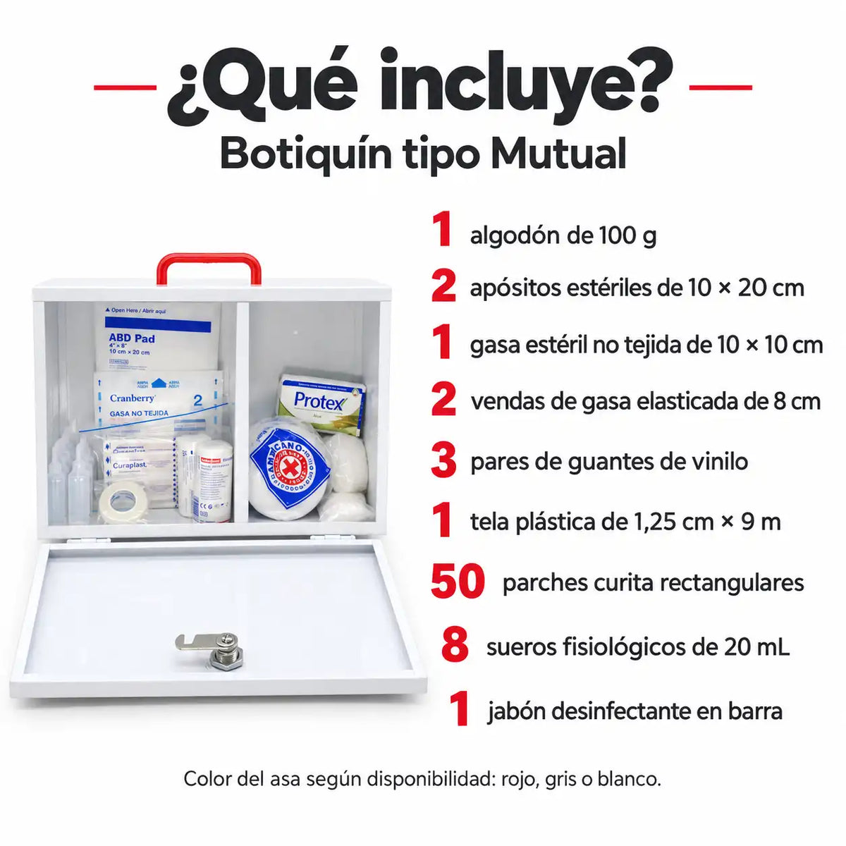 Contenido botiquín tipo Mutual — algodón, apósitos, gasa, guantes y sueros fisiológicos