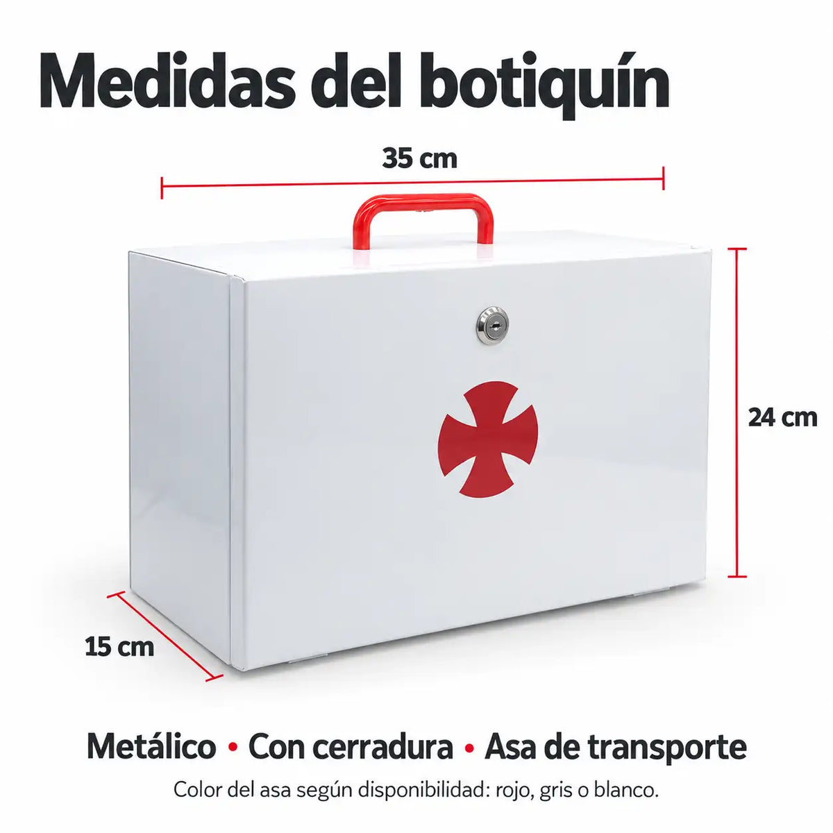 Medidas botiquín tipo Mutual — 35×24×15 cm, metálico con asa y cerradura