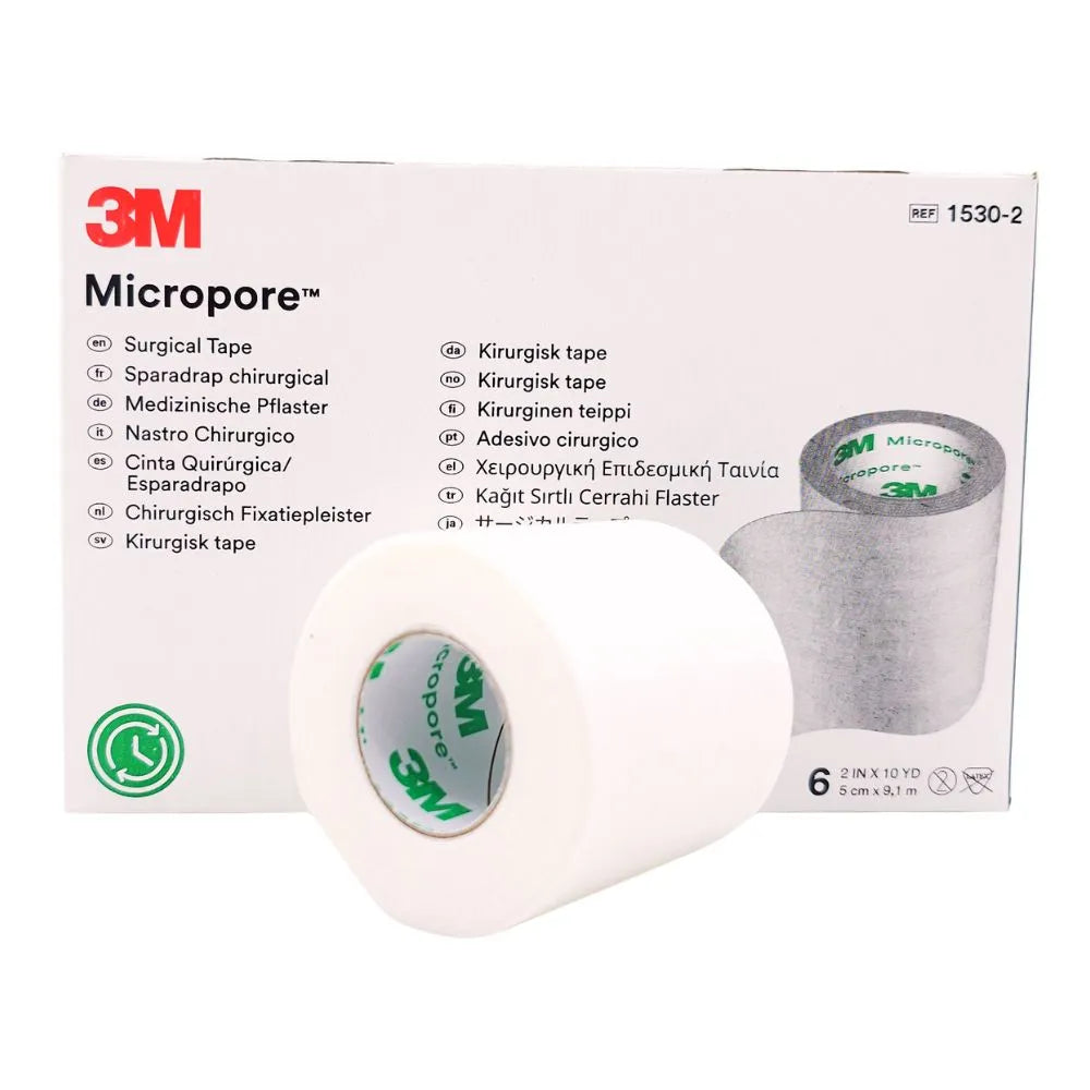Caja Micropore 3M 5 cm x 9 m pack de 6 unidades, cinta médica hipoalergénica color blanco.