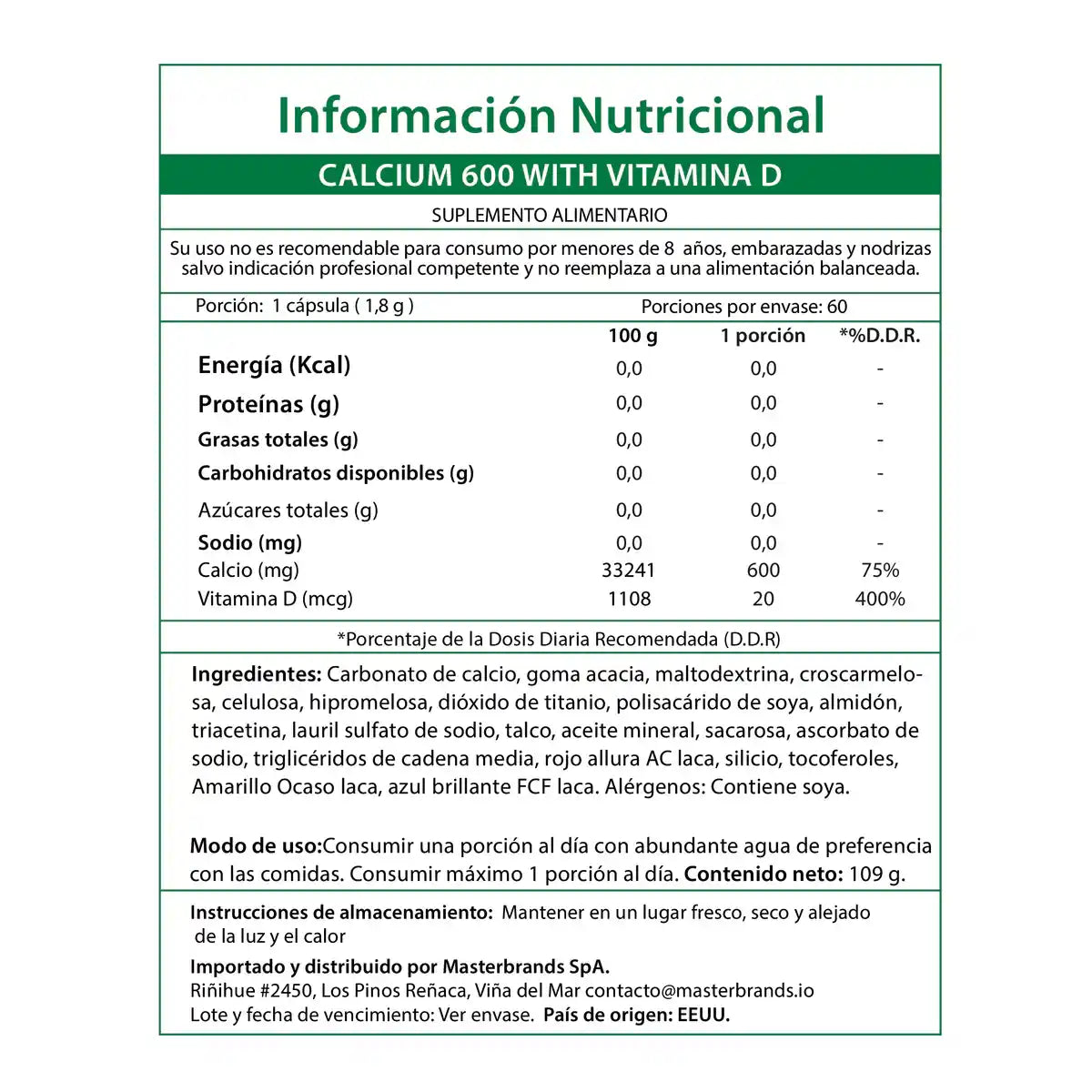 Información nutricional Calcio 600mg Vitamina D Chile - Tabla español 75% calcio 400% vitamina D DDR