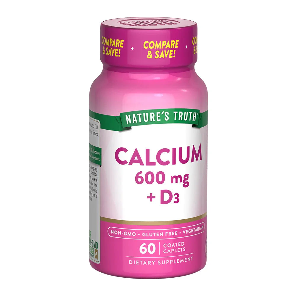 Calcio 600mg con Vitamina D3 Nature's Truth vista lateral - Suplemento vegetariano salud ósea