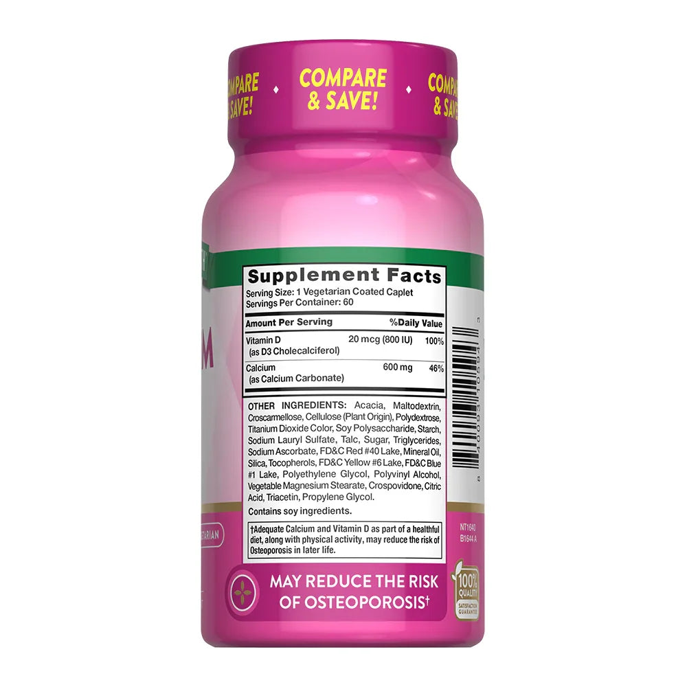 Tabla nutricional Calcio 600mg Vitamina D3 800 IU - Supplement Facts reduce riesgo osteoporosis