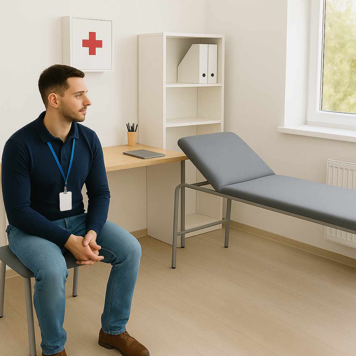 Hombre esperando atención en sala de enfermería de empresa, junto a camilla de examinación con porta rollo, escritorio y botiquín de pared blanca con cruz roja.