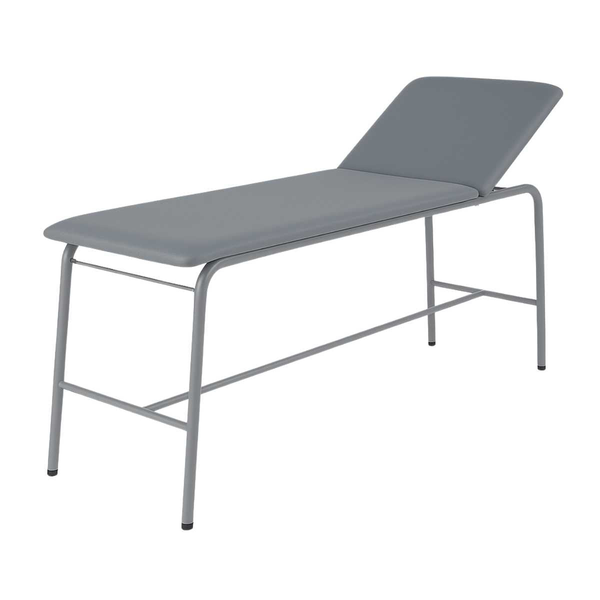 Camilla de examinación médica con respaldo reclinable y porta rollo integrado, estructura metálica gris y superficie tapizada en tevinil, ideal para clínicas y enfermerías.