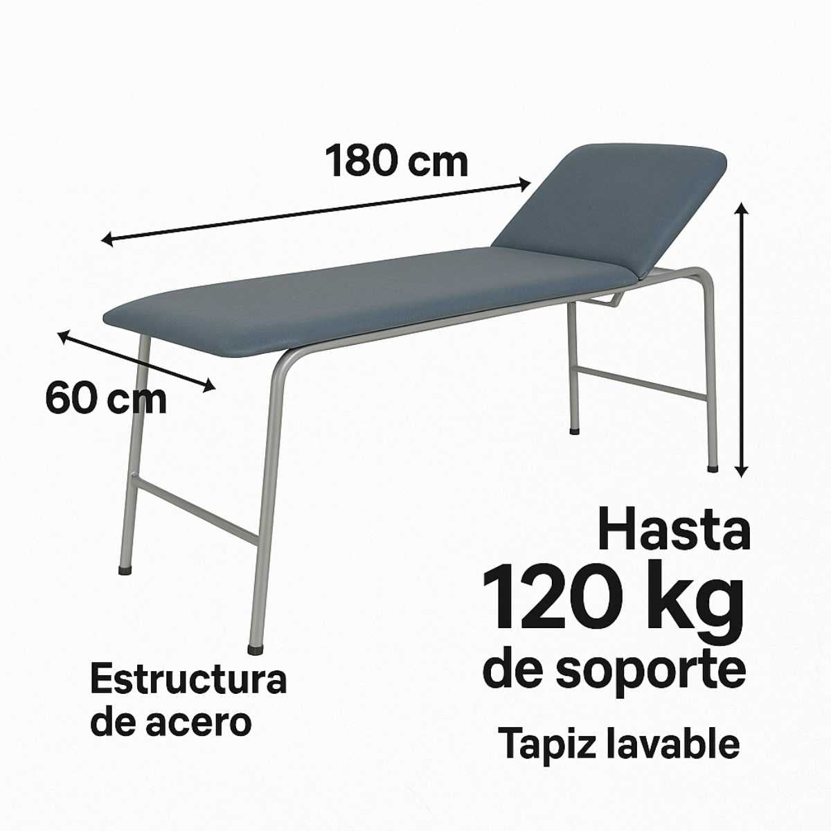 Camilla de examinación médica con medidas 180x60x80 cm, soporte de hasta 120 kg, estructura de acero y tapiz lavable, ilustrada con gráficos informativos.