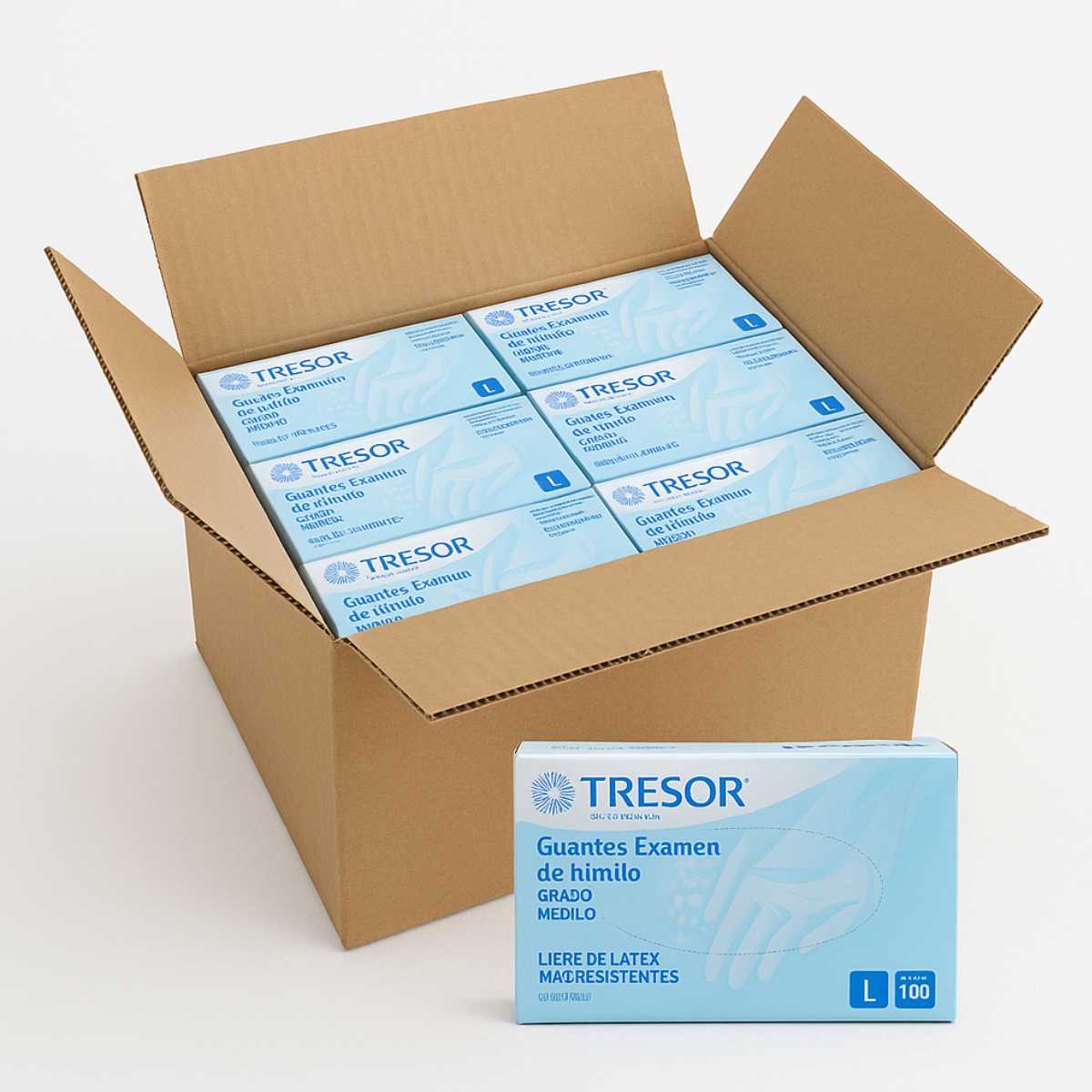 Cartón guantes de nitrilo Tresor embalaje abierto mostrando contenido mayorista. Embalaje guantes médicos con múltiples cajas para distribuidores y empresas Chile