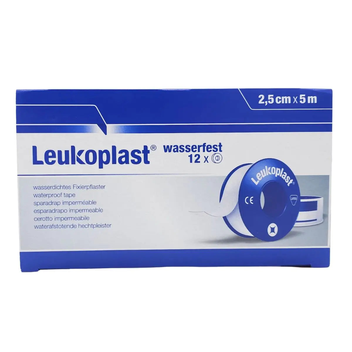 Caja cinta leukoplast blanco 2,5 cm x 5 m — 12 unidades wasserfest tela adhesiva impermeable BSN Medical