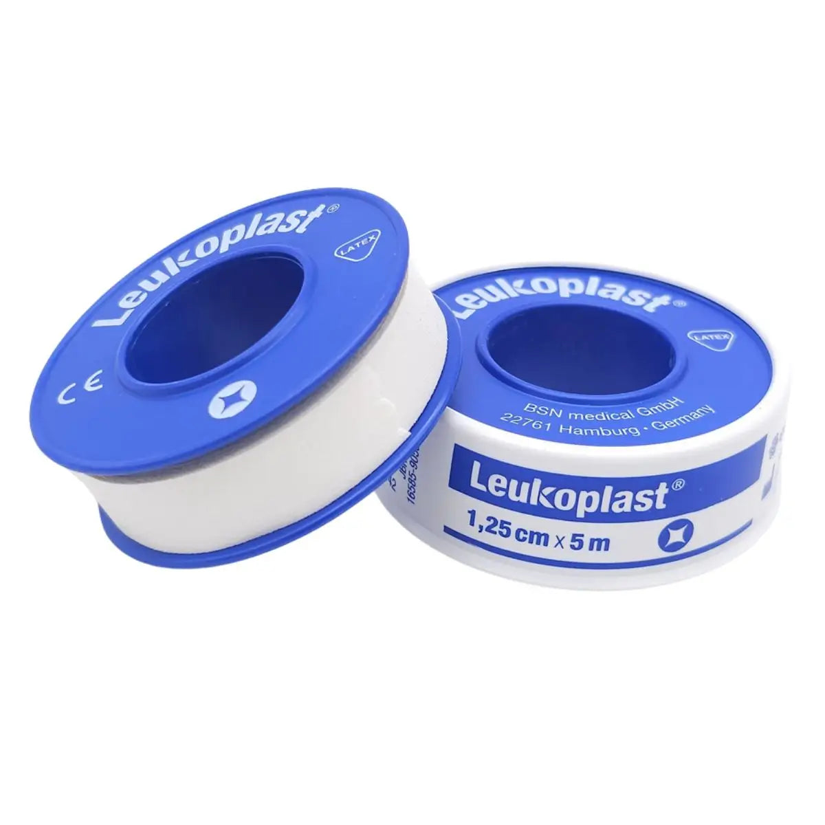 Cinta leukoplast blanco 1,25 cm x 5 m — rollo tela adhesiva médica impermeable con látex CE