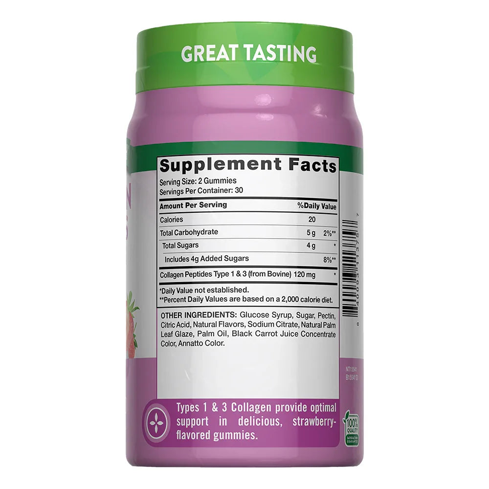 Tabla nutricional Colágeno Tipo 1 & 3 - 120mg péptidos bovino 30 porciones gomitas fresa belleza