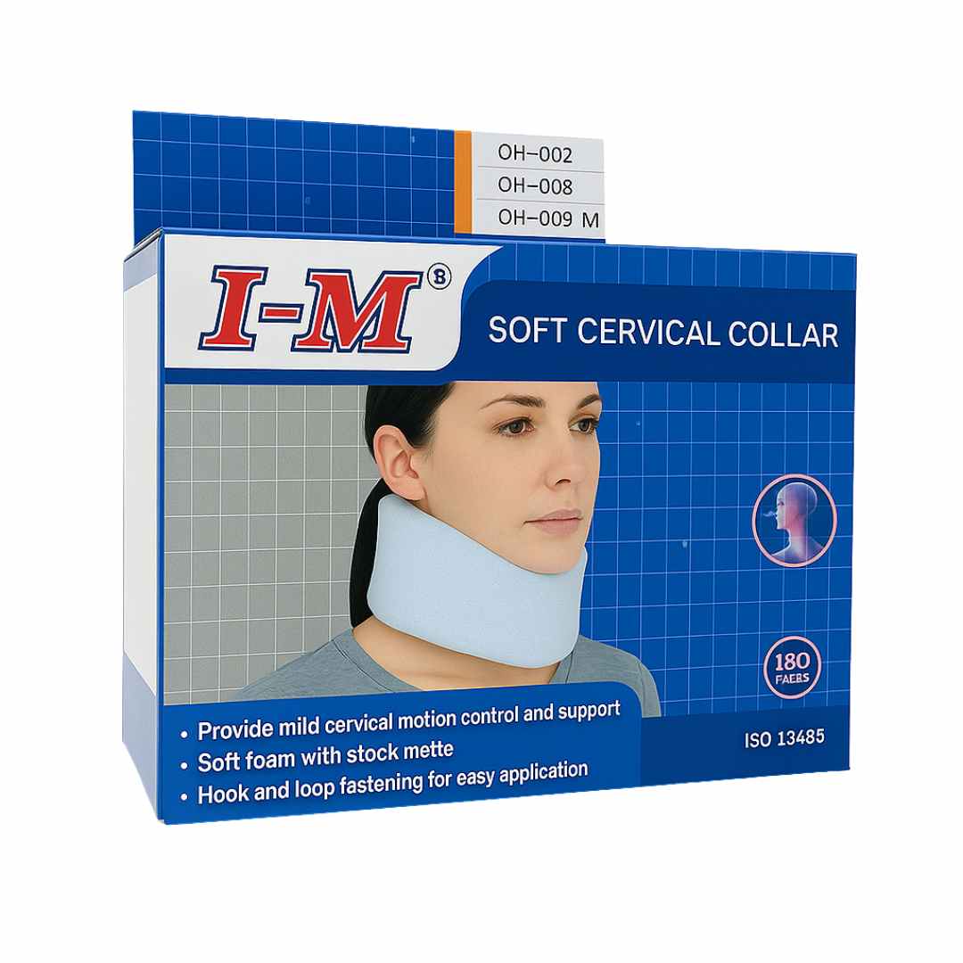 Empaque del collarín cervical blando marca I-M, modelo OH-009 talla M, con imagen ilustrativa del producto en uso, ideal para aliviar dolor de cuello y estabilizar la zona cervical.