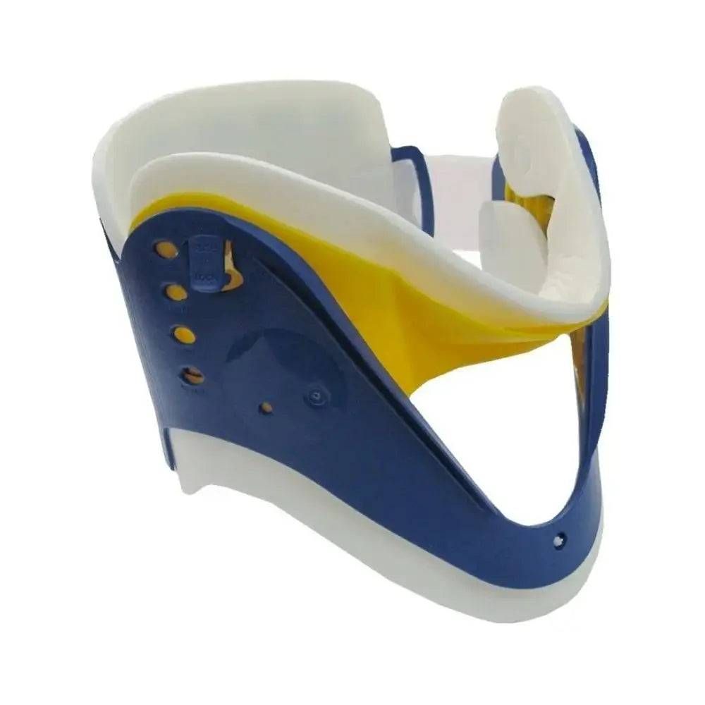 Collarín cervical azul y amarillo vista lateral completa. Despachos y entregas a todo chile.