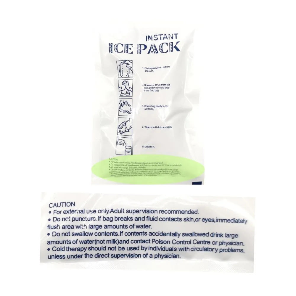 Compresa de frío instantáneo con advertencias de seguridad, uso médico y deportivo