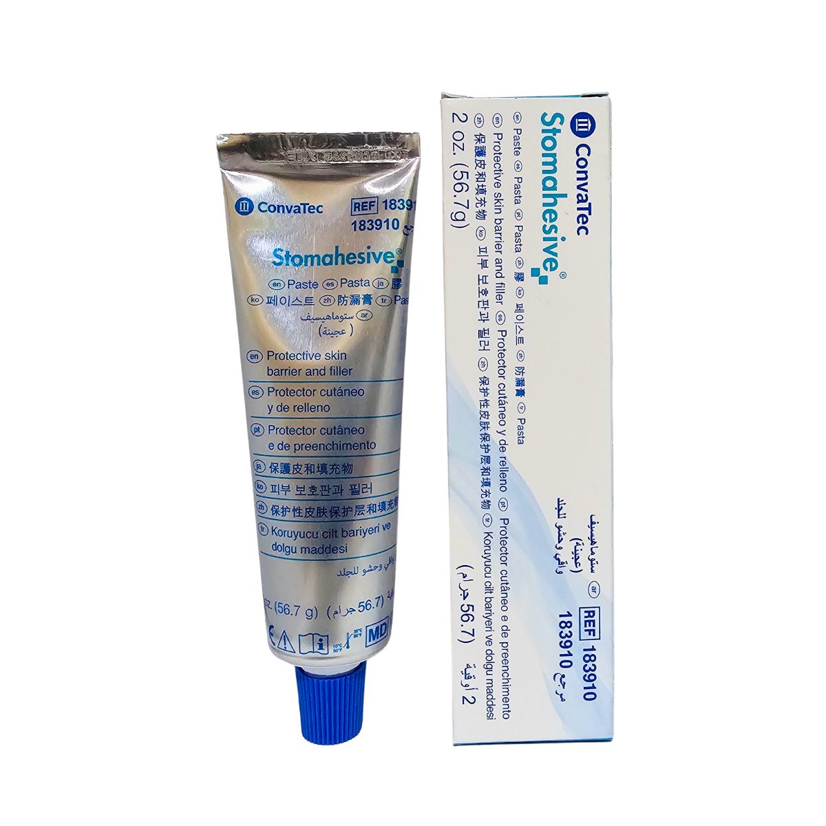 Convatec Stomahesive Paste: tubo y caja del protector cutáneo y relleno para el cuidado de ostomías.