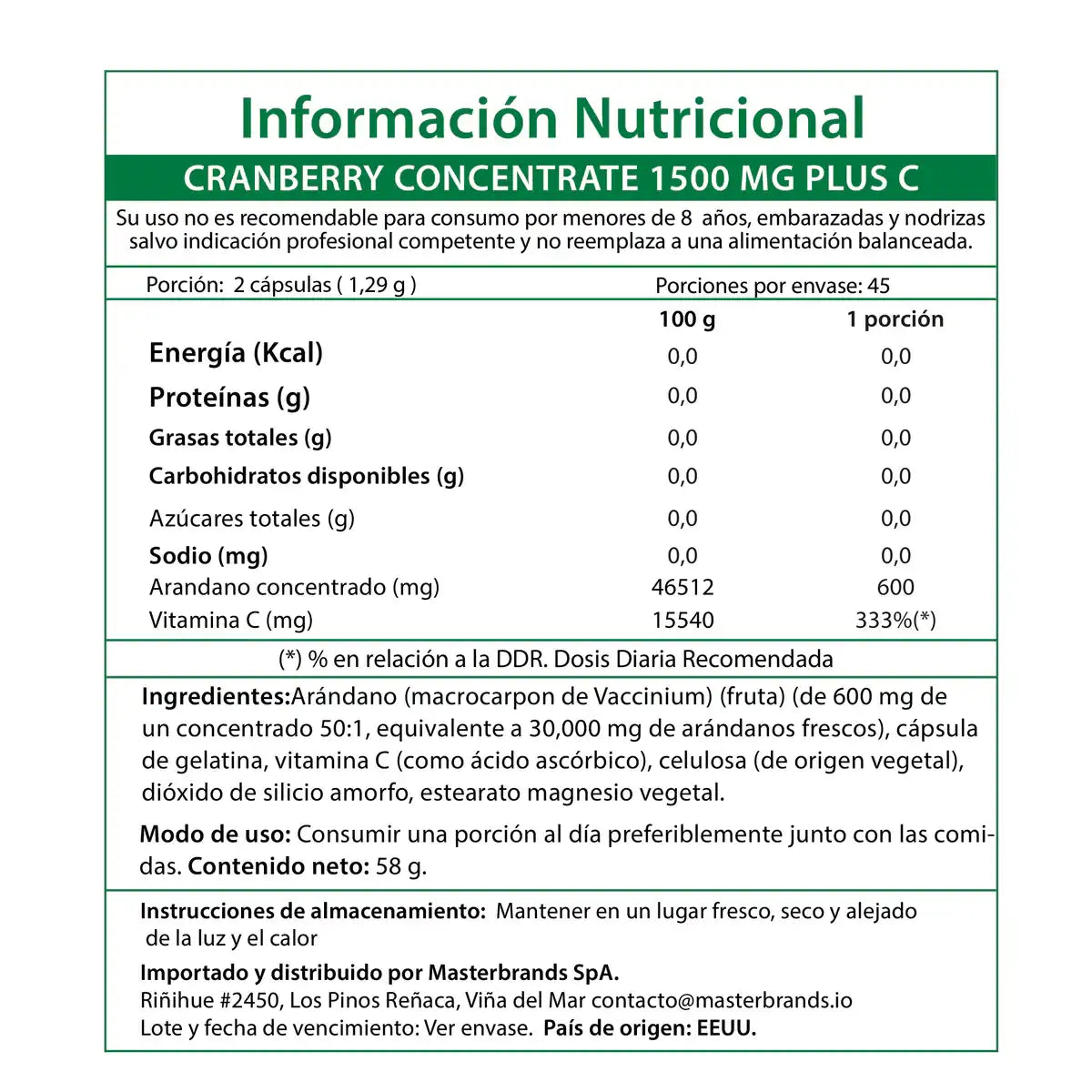 Información nutricional Cranberry 30000mg Nature's Truth - Tabla en español 600mg extracto 333% Vitamina C