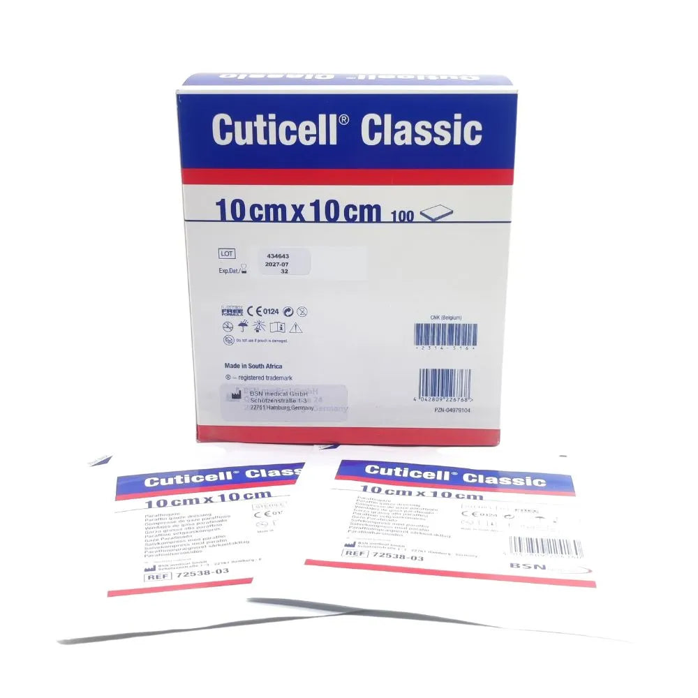Cuticell Classic 10 x 10 cm, caja comercial de apósito parafinado no adherente
