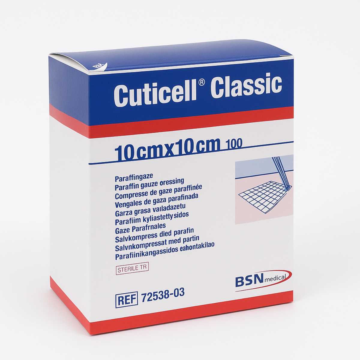 Cuticell Classic 10x10 cm en caja por 100 unidades. Gasa con parafina de bajo anclaje, ideal para cuidado delicado de la piel. Producto estéril y listo para usar en entornos profesionales o domiciliarios.