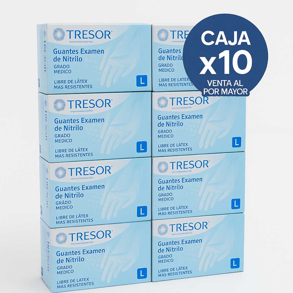 Embalaje guantes de nitrilo al por mayor Tresor 10 cajas apiladas talla L. Venta mayorista guantes médicos grado médico libre de látex para empresas y distribuidores Chile
