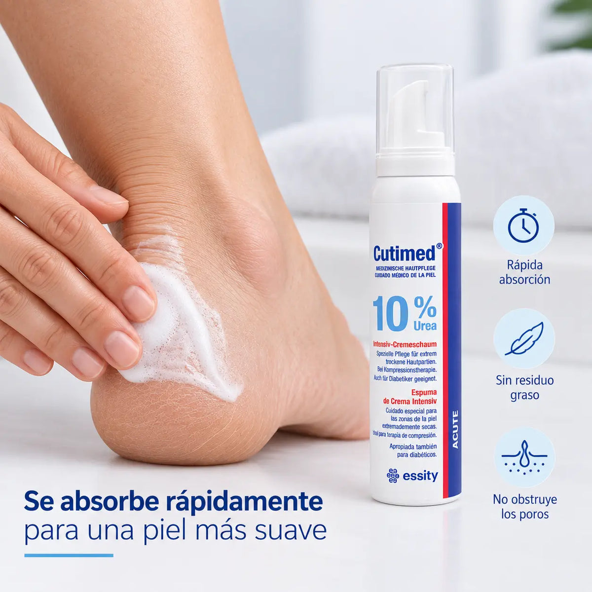 Espuma de urea 10% Cutimed Acute: rápida absorción, sin residuo graso y sin obstruir los poros