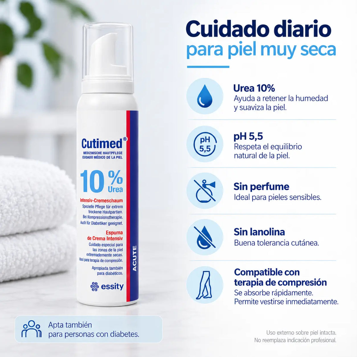 Beneficios de la espuma Cutimed Acute: urea 10%, pH 5,5, sin perfume ni lanolina y compatible con terapia de compresión