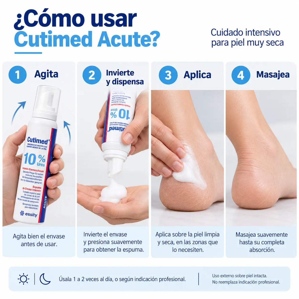 Cómo usar la espuma de urea 10% Cutimed Acute en 4 pasos: agitar, invertir y dispensar, aplicar y masajear