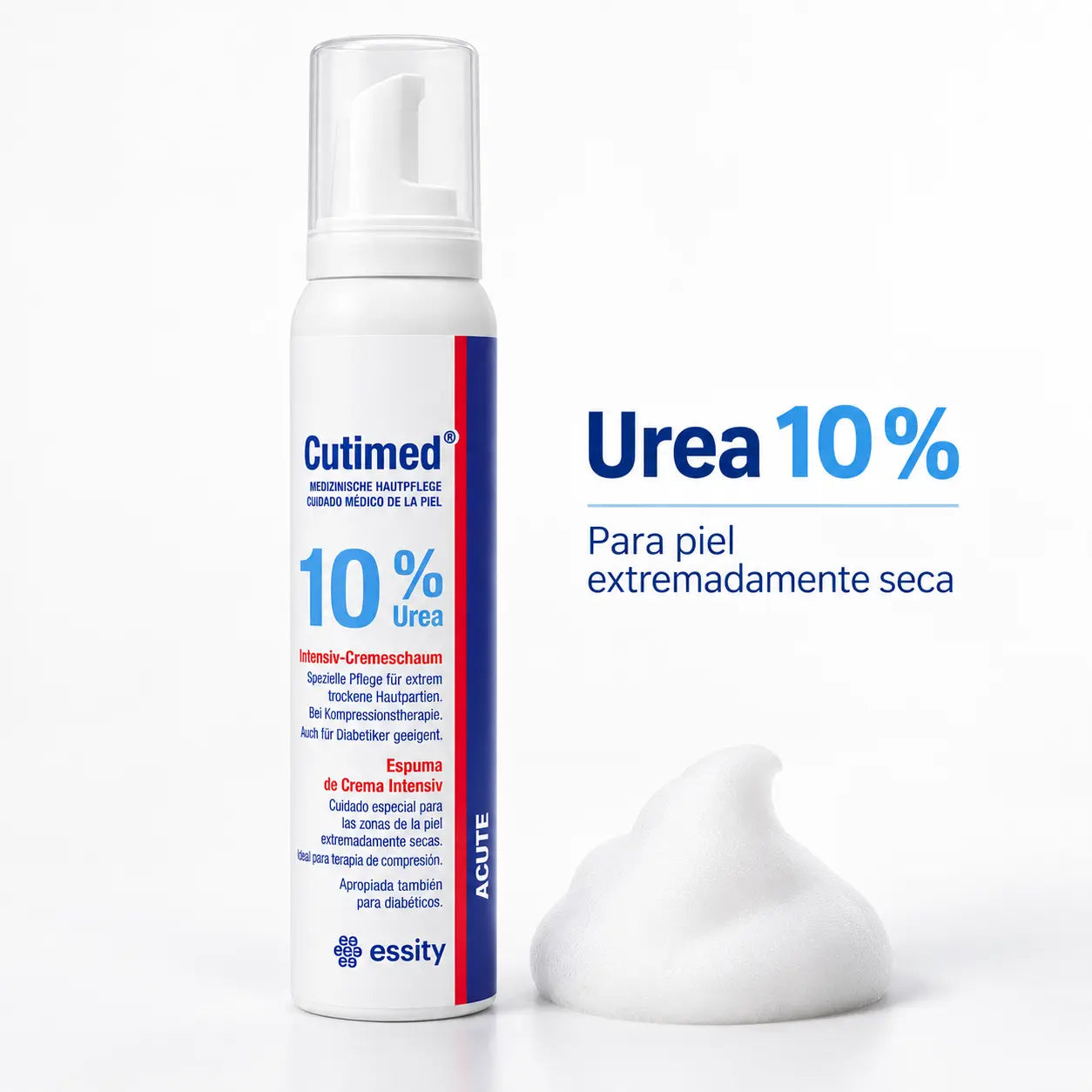 Espuma de urea 10% Cutimed Acute junto a una porción de mousse blanca para piel extremadamente seca
