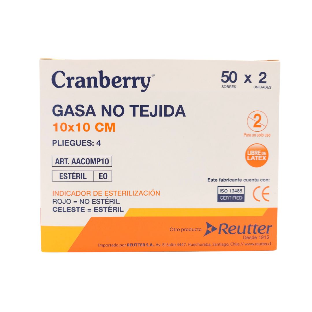 gasas esteriles 10x10 cranberry son gasas no tejidas para tener en el botiquin de primeros auxilios, para enfermeria domiciliaria y salud ocupacional en chile