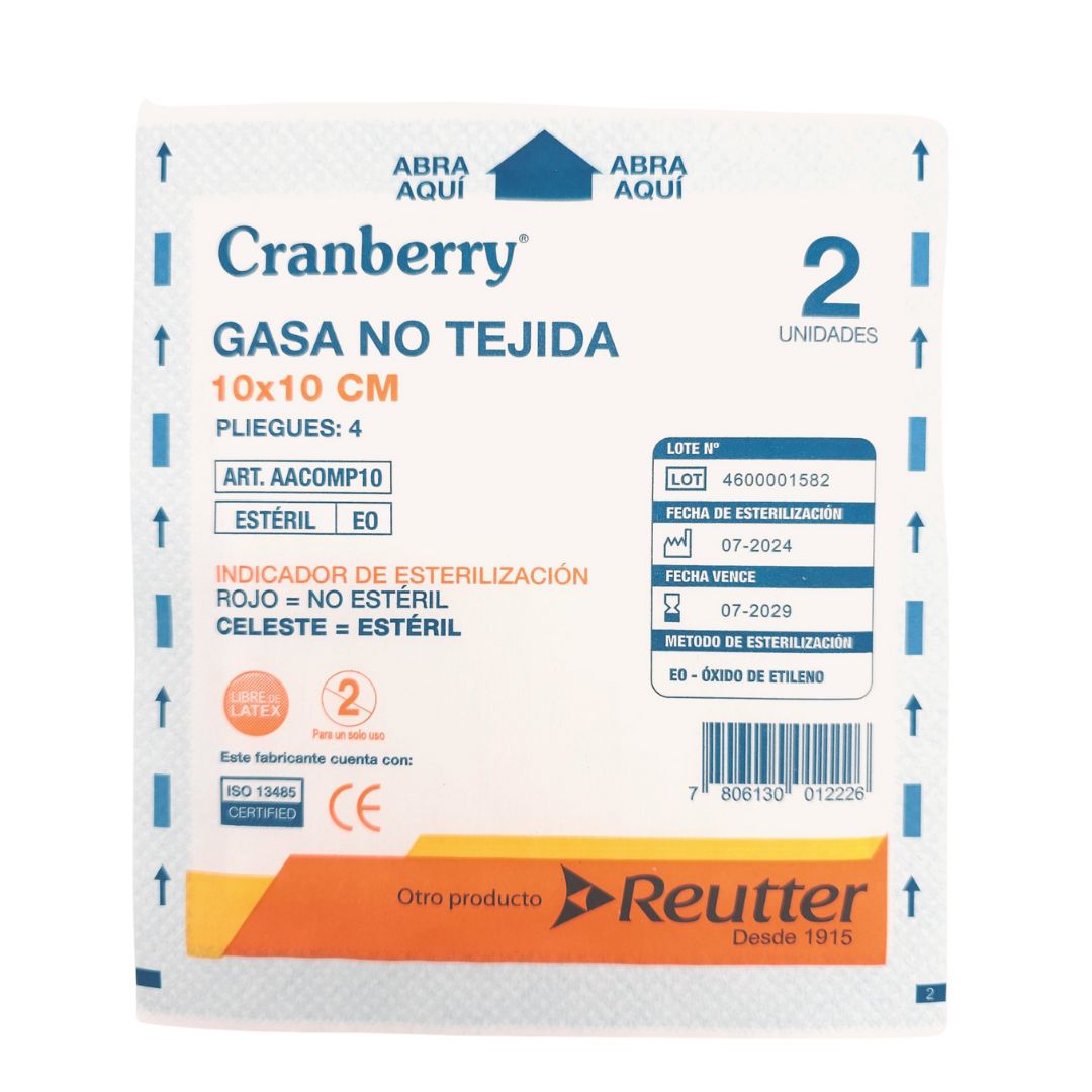gasa esteril 10x10 en formato de gasa no tejida. sobre individual contiene 2 gasas. para mantener en el botiquin de primeros auxilios, enfermeria domiciliaria y cuidado de la piel.