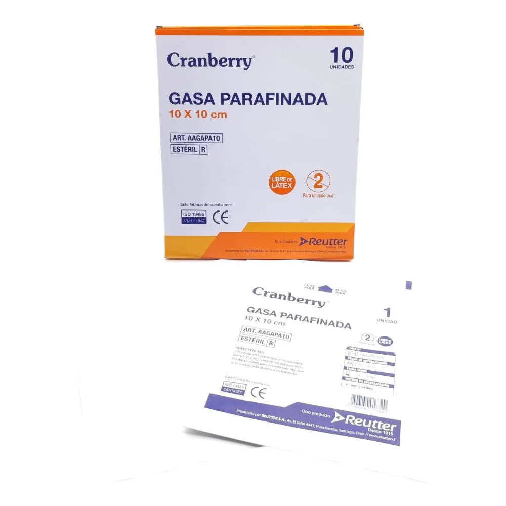 Gasa parafinada Cranberry 10 x 10 cm, caja con 10 unidades y sobre individual estéril