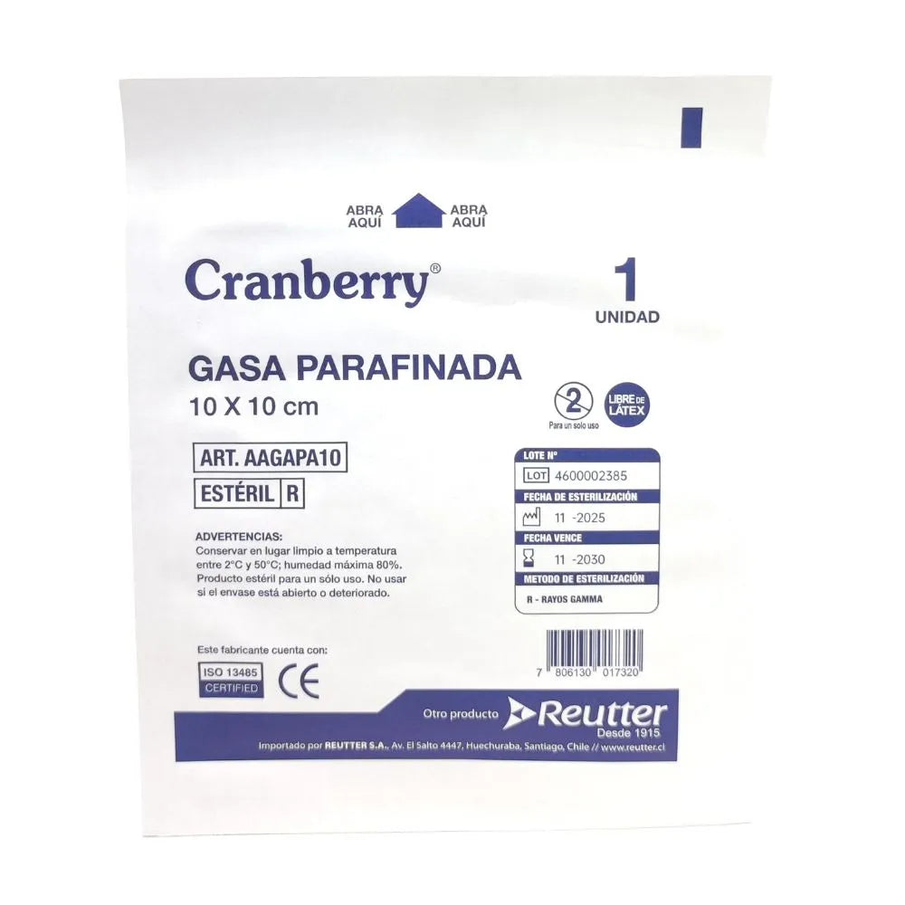 Gasa parafinada Cranberry 10 x 10 cm estéril, apósito no adherente para cobertura de heridas