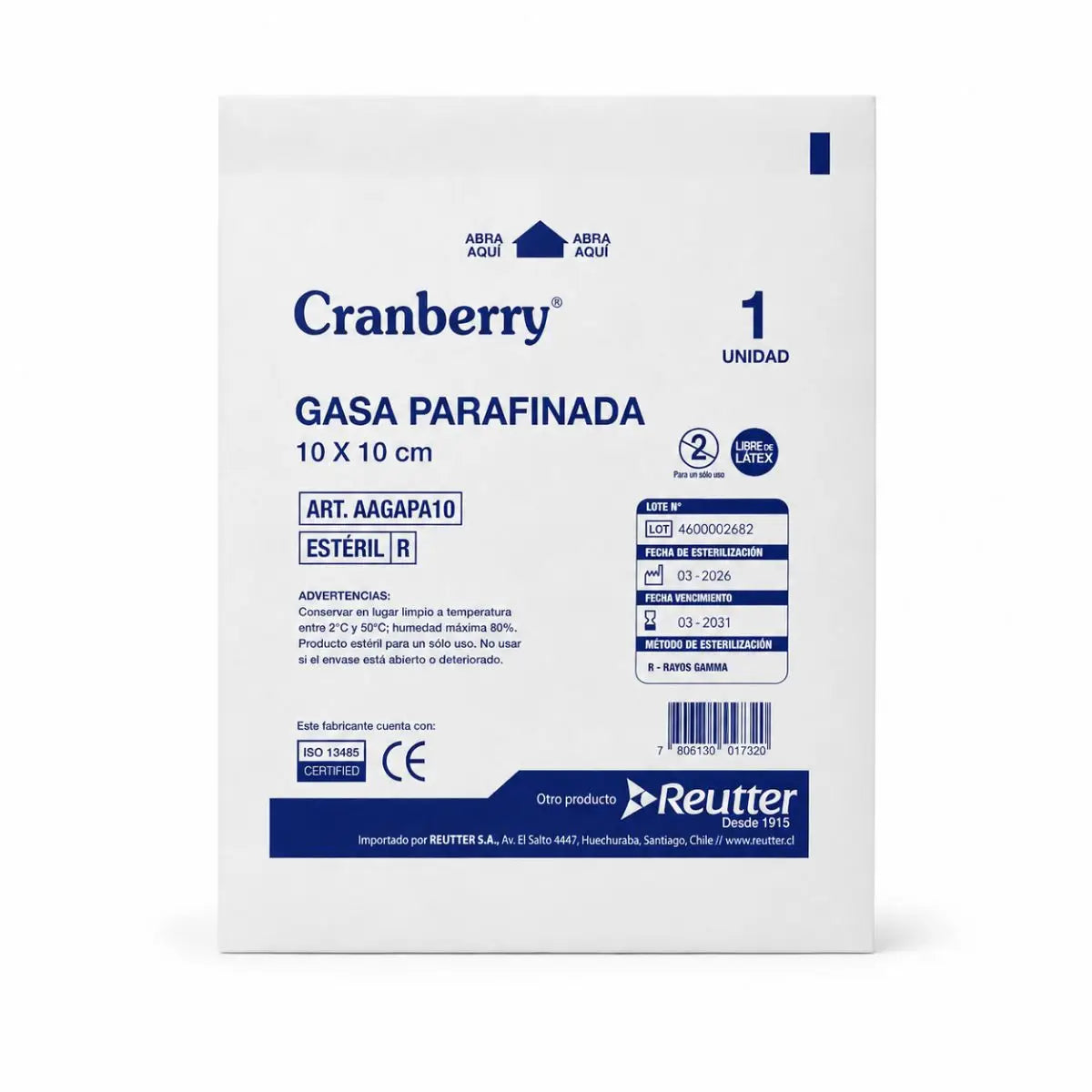 Gasa parafinada Cranberry 10×10 cm — sobre individual estéril unidad