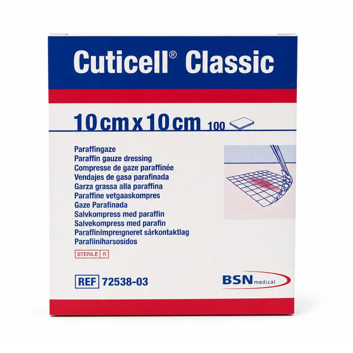 Gasa parafinada Cuticell Classic 10x10 cm BSN Medical — caja institucional x100 apósitos