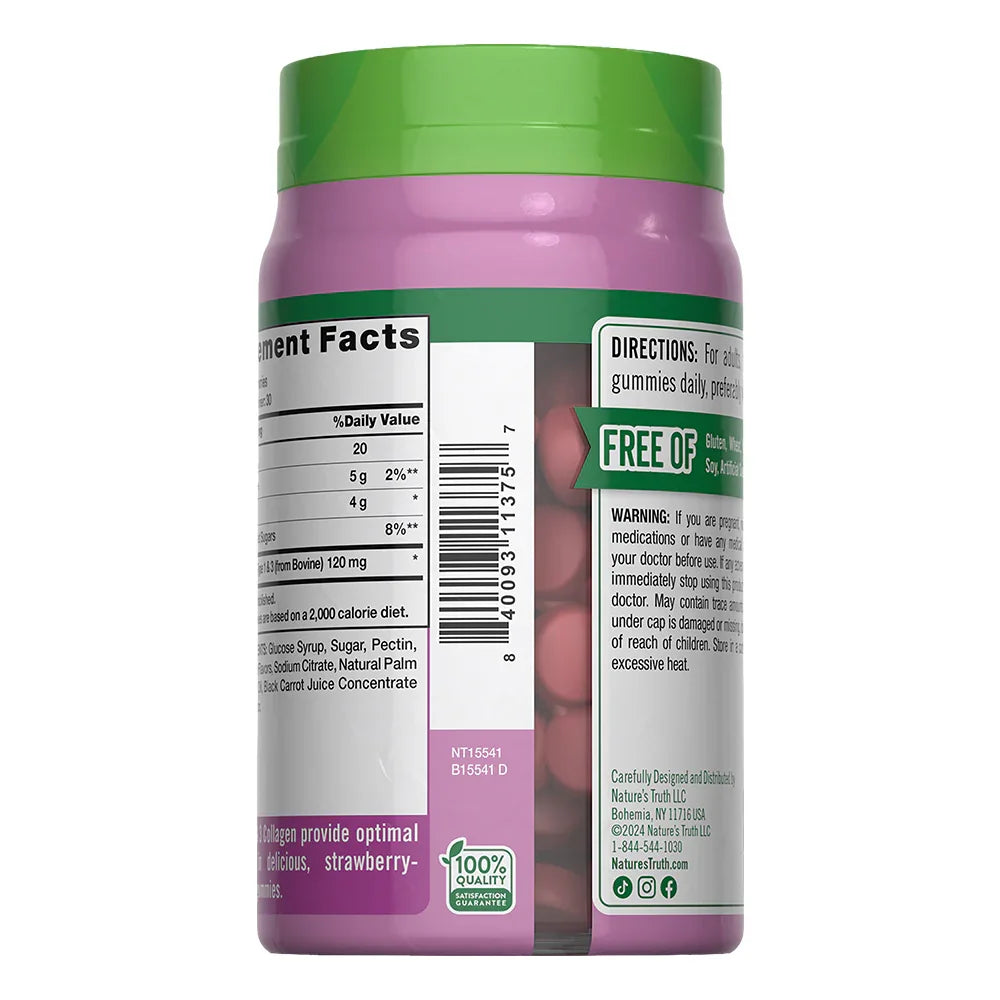 Gomitas Colágeno Peptides Tipo 1 & 3 - 120mg bovino Supplement Facts código NT15541 100% calidad