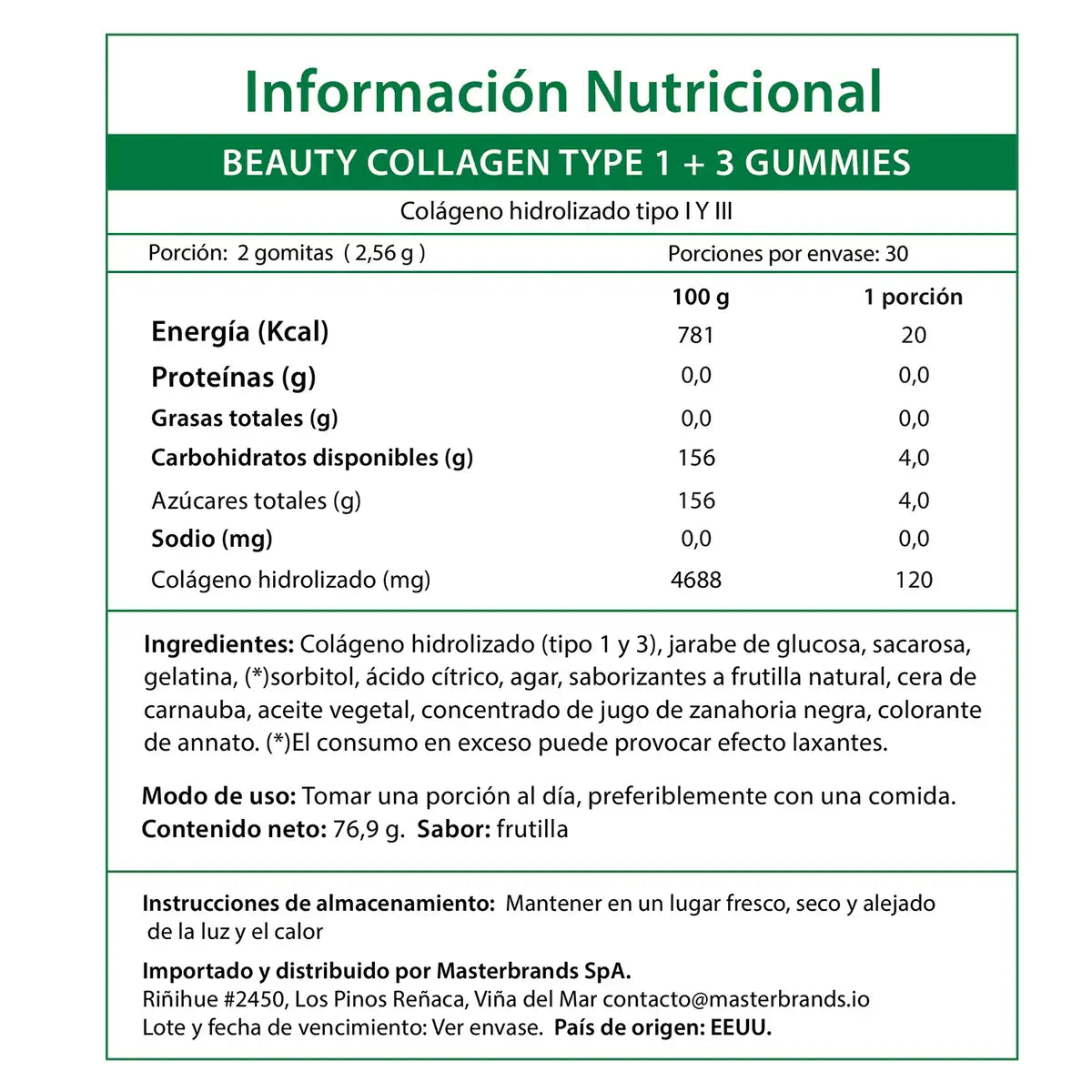 Información nutricional Gomitas Colágeno Chile - 120mg colágeno hidrolizado tipo I y III 30 porciones frutilla