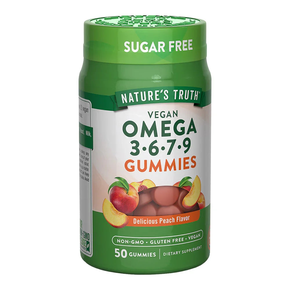 Gomitas Omega-3-6-7-9 Vegano Nature's Truth tapa abierta - Sugar free Non-GMO sin gluten 50 gomitas