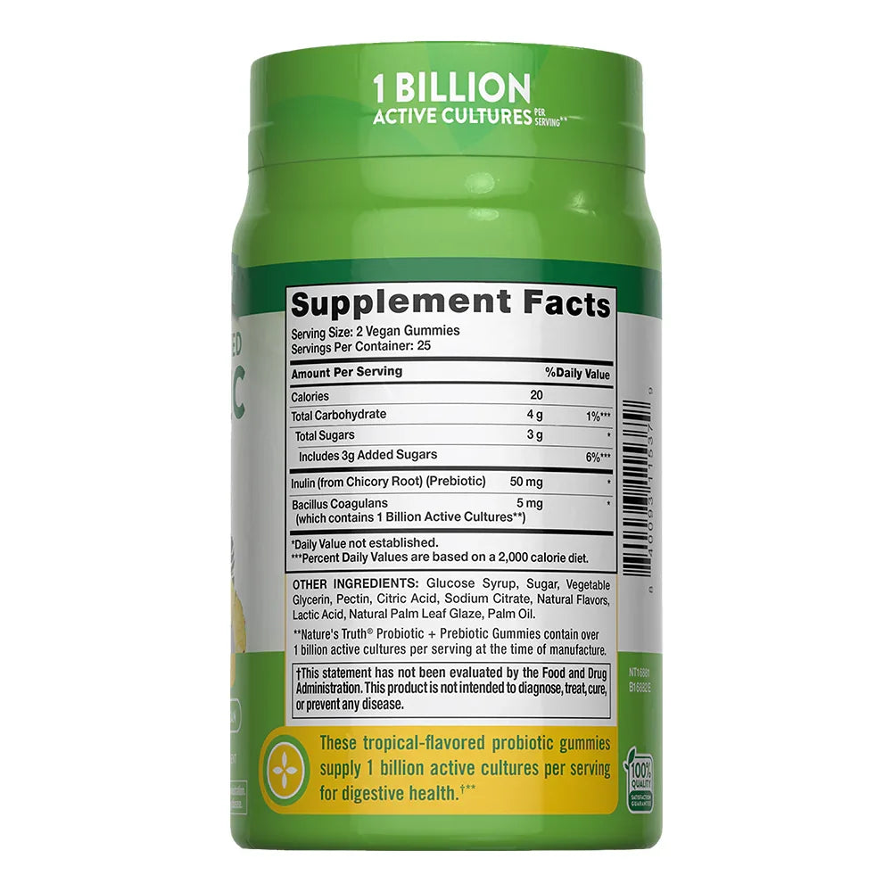 Tabla nutricional Gomitas Probiótico Prebiótico - 1 Billion Active Cultures Bacillus Coagulans Inulina 25 porciones