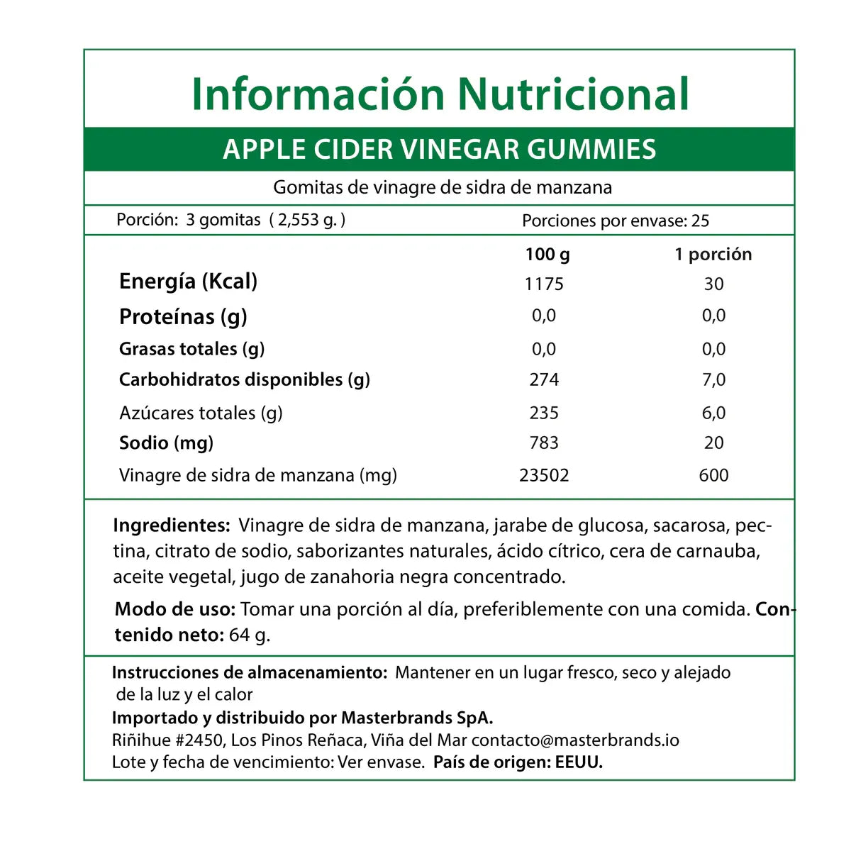 Información nutricional Gomitas Vinagre de Manzana Nature's Truth - Tabla en español para Chile