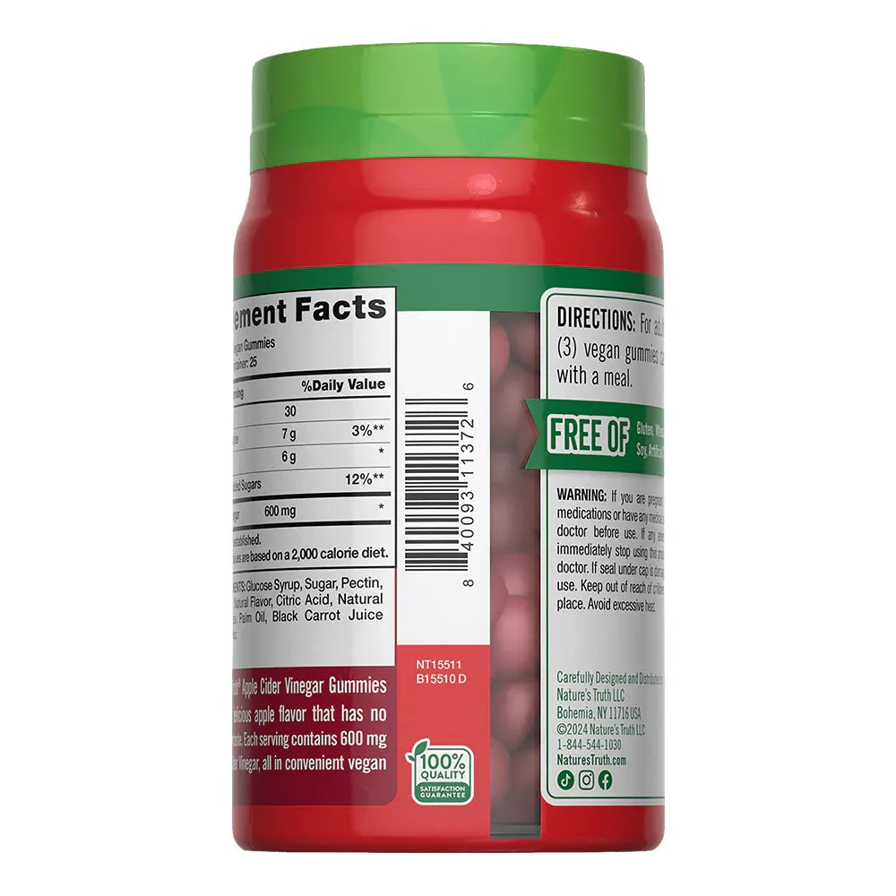 Etiqueta lateral Gomitas Vinagre de Manzana Nature's Truth - Supplement Facts y código NT15511