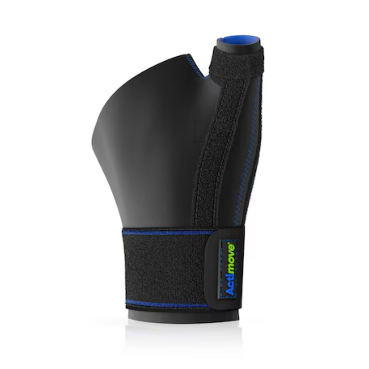 Inmovilizador de pulgar Actimove Sports Edition negro vacío mostrando doble férula anatómica y detalles azules