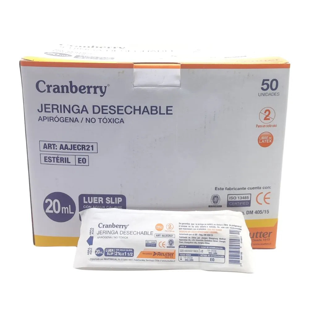 Jeringa 20 ml Luer Slip 21G x 1½ Cranberry caja 50 unidades con empaque individual
