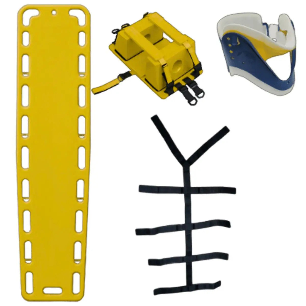 Kit de Inmovilización Trauma Pediátrico Básico TBQ. Incluye tabla espinal pediátrica color amarillo, inmovilizador de cabeza lateral y correas tipo araña para camilla.