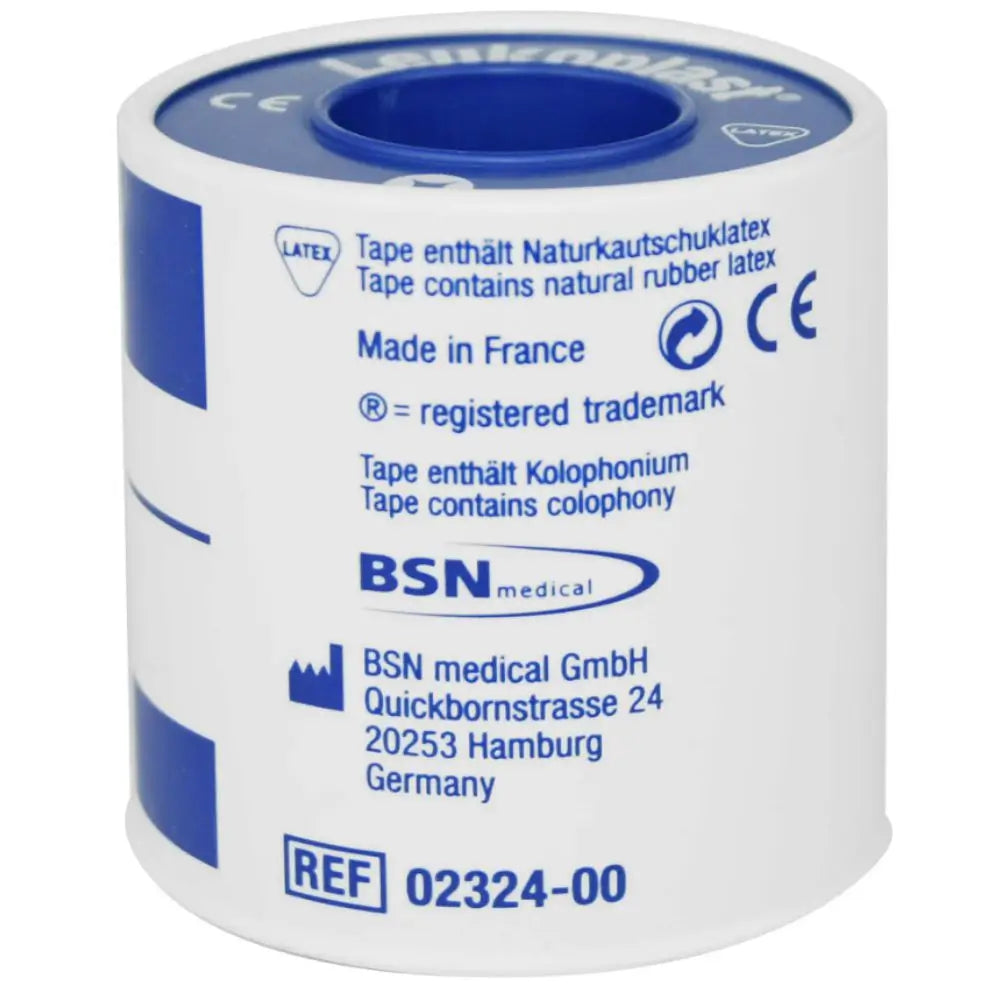 Vista posterior de cinta Leukoplast 5 cm con información técnica BSN Medical