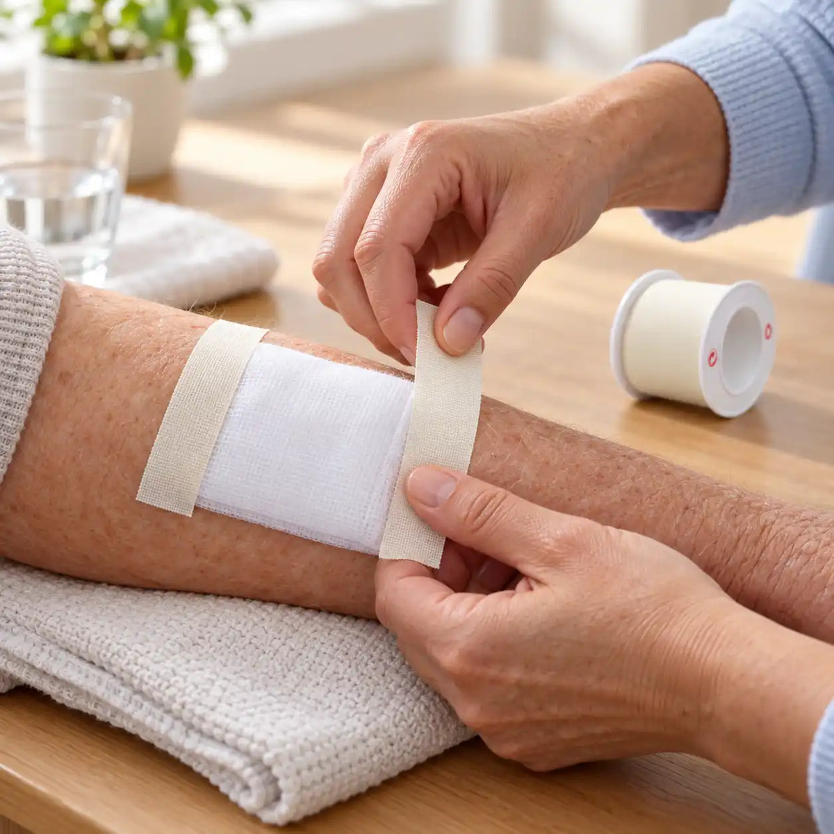 Manos fijando un apósito de gasa en el antebrazo con tiras de cinta médica de silicona para piel sensible