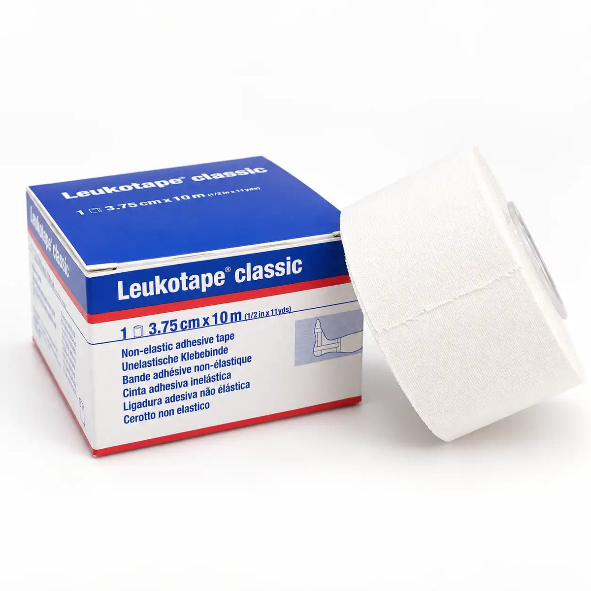 Leukotape Classic tape rígido BSN Medical 3,75 cm x 10 m — caja y rollo blanco de vendaje funcional
