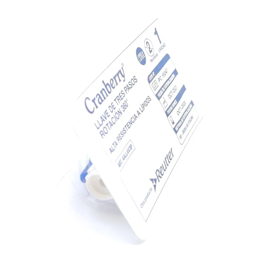 Llave de 3 vías médica Cranberry en envase estéril, vista lateral