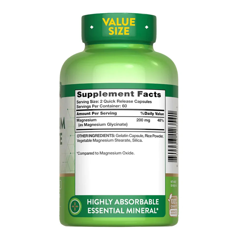 Tabla nutricional Magnesio Glicinato - 200mg 48% valor diario Highly Absorbable Essential Mineral quelado